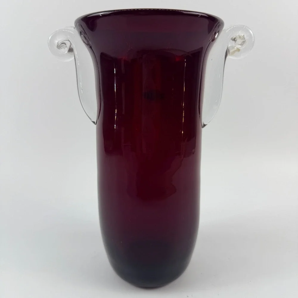 Blenko Ruby Red Glass Vase Non-Catalog Applied Clear Scroll Handles Silver Label